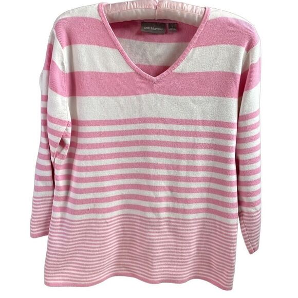 Croft and Barrow Preppy 3/4 Sleeve Sweater Pink and White Striped, Size Large - Picture 1 of 7